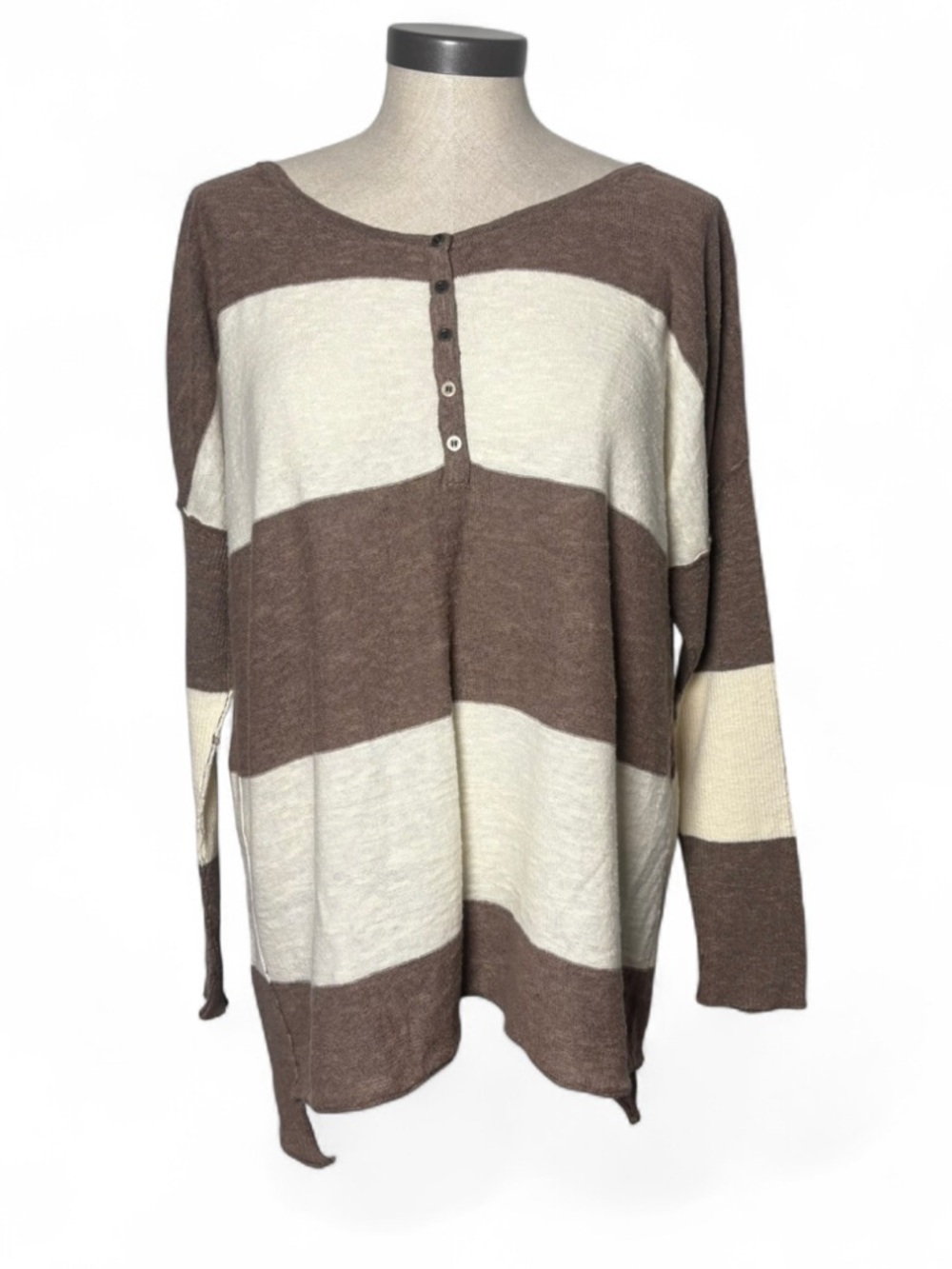 Free People Oversized Striped Henley Top Brown Cream Boho Linen